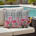 thumbnail image 4 of Pink Tulip Flower Outdoor Pillow Covers Pack of 2 Spring Floral Black White Plaid Green Leaf Waterproof Throw Pillow Covers Decorative Cushion Cases for Patio Garden Tent Balcony Couch 26x26 inch, 4 of 9