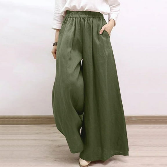 Baqcunre Wide Leg Pants Woman,Womens Elastic High Waist Loose Wide Leg Trousers Long Pants With Pocket,Womens Fashion,Linen Pants Women,Pants For Women,Womens Clothes,Army Green,L