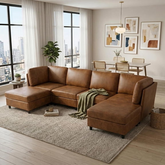Howcool 124" U Shaped Modular Sectional Sofa, 6 Seat Oversized Cloud Couch with 2 Movable Ottomans, Deep Seat Corner Sofa with Chaise for Living Room, Modern Upholstered Couch, Light Brown