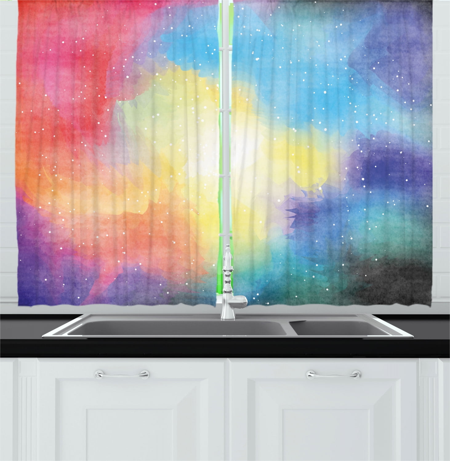 Outer Space Curtains 2 Panels Set, Watercolor Nebula Colorful Galaxy Stars Universe Dreamy Cosmos Celestial Art, Window Drapes for Living Room Bedroom, 55W X 39L Inches, Multicolor, by Ambesonne