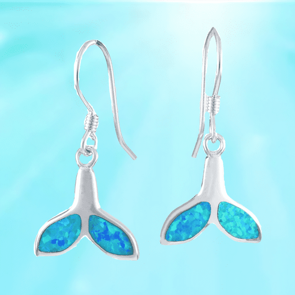 Beautiful Hawaiian Blue Opal Whale Tail Earring, Sterling Silver Blue Opal Whale Tail Dangle Earring, E4132 Birthday Wife Mom Valentine Gift