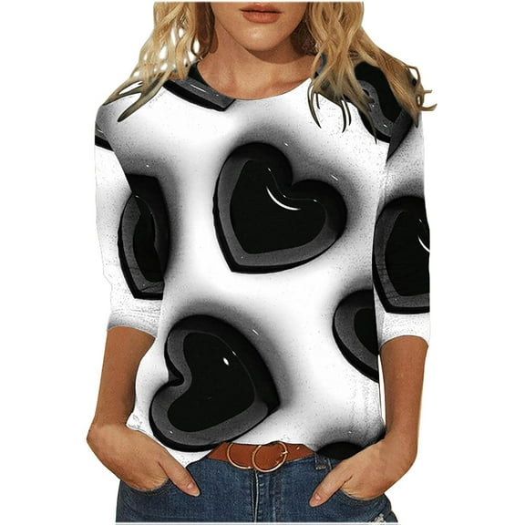 VALMASS Womens 3/4 Sleeve Graphic Shirts Valentines Day Crewneck Print T-Shirts Casual Tunic Tops Tee (L, A Black)