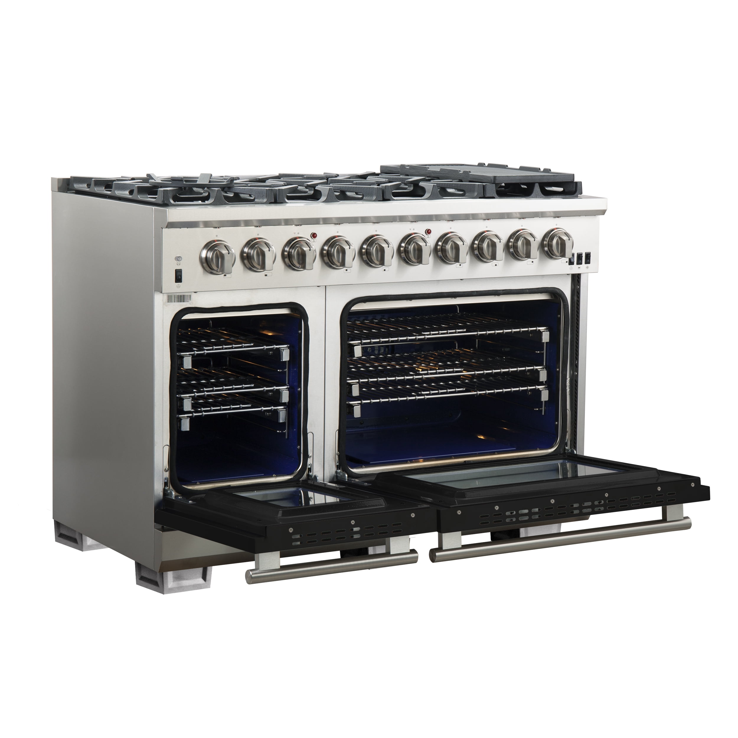 FORNO Capriasca 48-inch Gas Range Stainless Steel, 8 Brass Burners 160,000 BTU, 6.58 cu.ft. Double Oven, Black Doors