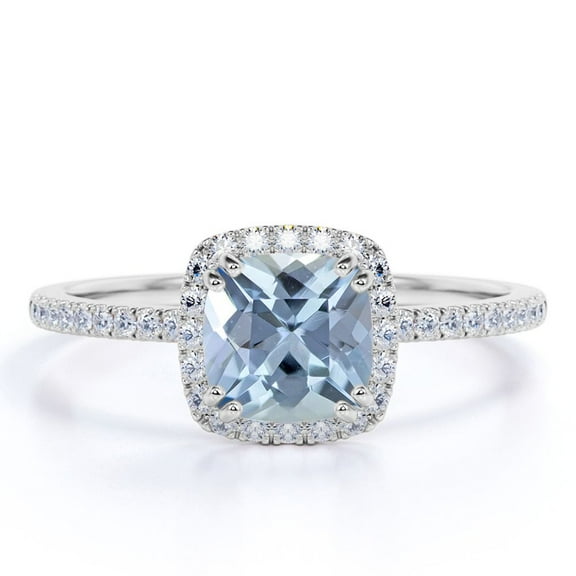 JeenMata 1.75 Carat Cushion Cut Created Aquamarine and Moissanite Halo Engagement Ring in 18k White Gold over Silver