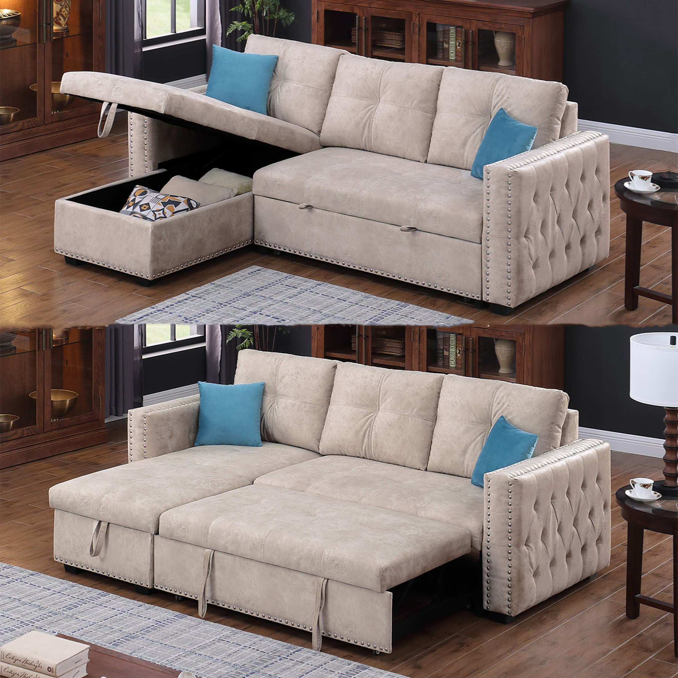 Aukfa 91″ Sectional Sleeper Sofa, Pull Out Bed with Storage Chaise