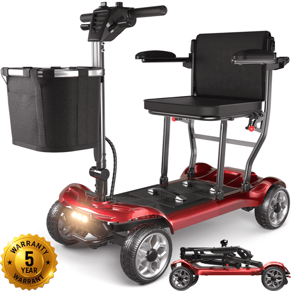 SACVON Lightweight Mobility Scooter, 43 lb Foldable Aluminum Frame, 12-Mile Range, 265 lb Capacity, 270W Motor, Travel Scooter with Basket, Red