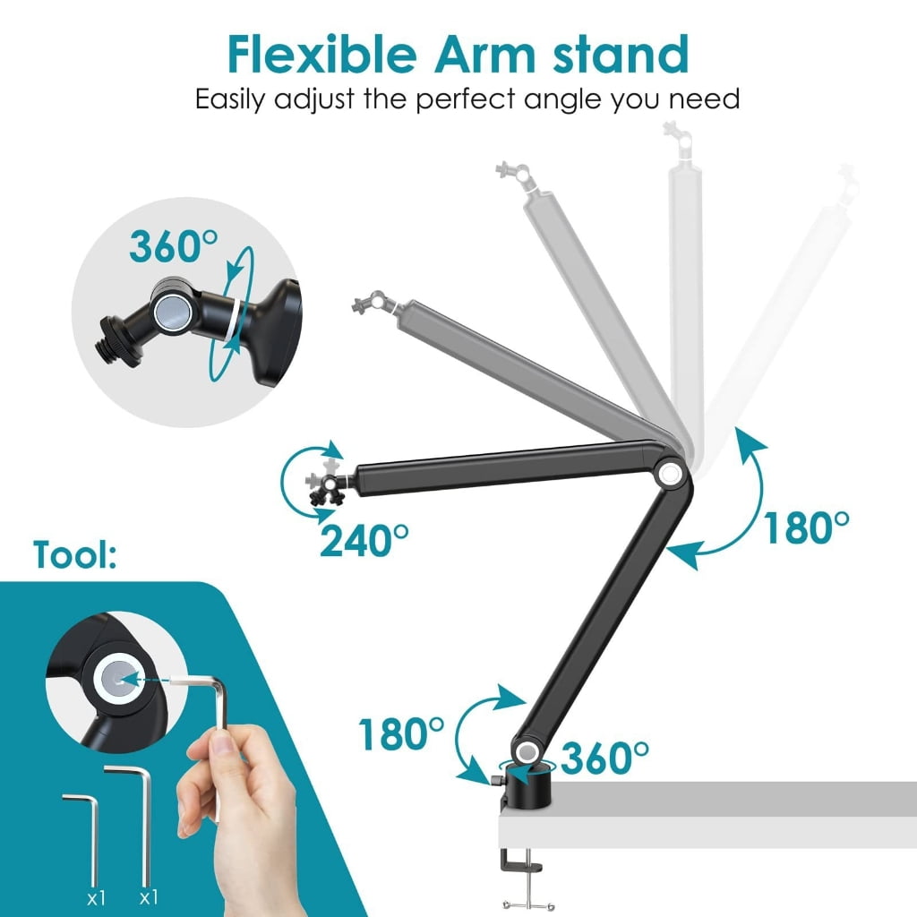 Boom Arm Adjustable 360 Rotatable Microphone Sturdy Stainless Steel Mic Desk, Table Stand Foldable Scissor Stable Mount