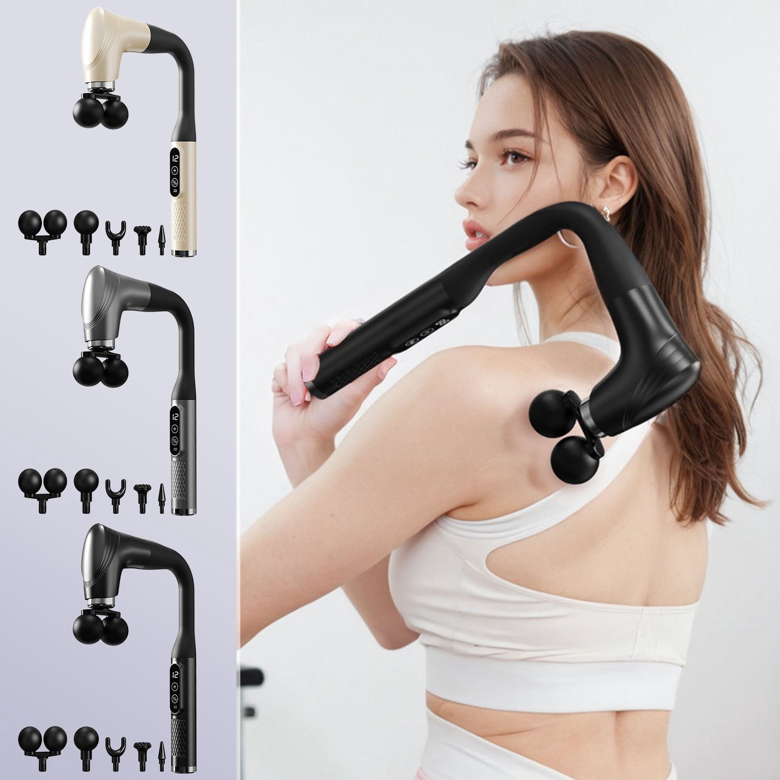 Long Handle Massage Gun for Back and Shoulders, Muscle Massager for Back, Neck, Shoulders, Waist & Legs, U-Shaped Dual Head, 12 Speeds with 5 Heads, Real-Time Mode& Battery, Fitness,Home Sports