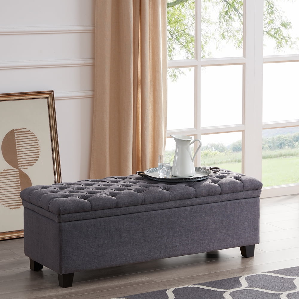 BELLEZE 48 Rectangular Hinged Lid Lift Top Laguna Button Tufted Fabric Storage Ottoman Bench Grey