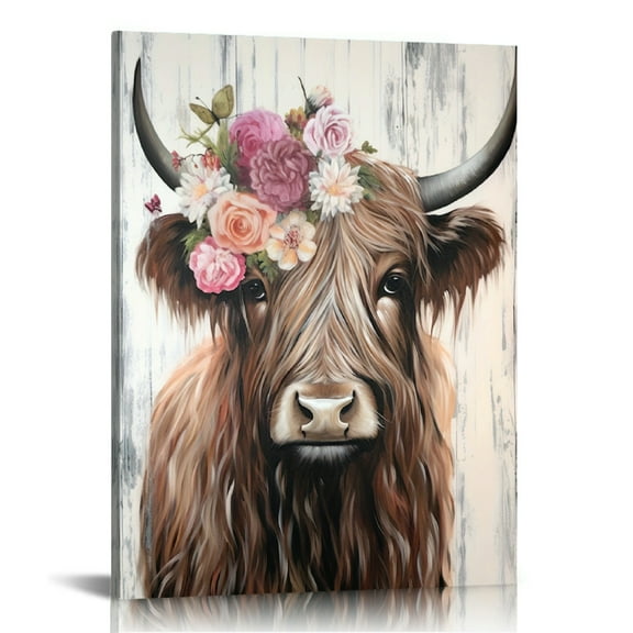 Vintage Rustic Flower Highland Cow Canvas Wall Art Print, Animal Theme Wall Art, Farmhouse Decor, Wood Framed Ready to Hang, for Living Room, Bedroom, Dining Room, Office