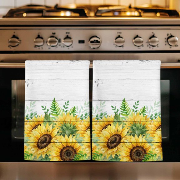 Summer Sunflowers Kitchen Towels Set of 3, Botanical Blooms Florals Wooden Grain Absorbent Dish Towels for Kitchen, Microfiber Hand Towel, Quick Drying Tea Towel for Cleaning Decorative Dishcloths