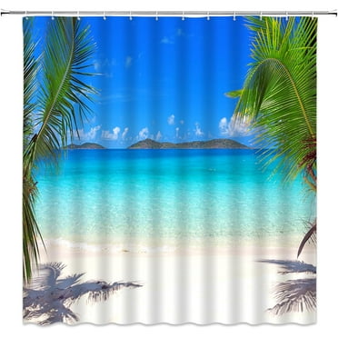 Ocean Beach Shower Curtain Blue Sky Tropical Sea Waves White Cloud Seaside Landscape Hawaii Summer Nature Scenery Bath Curtain with Plastic hooks