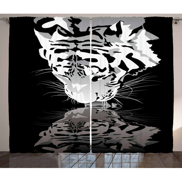 White Tiger Curtains 2 Panels Set Wild Mammal Drinking Water Danger Creature In Peace Nature Graphic