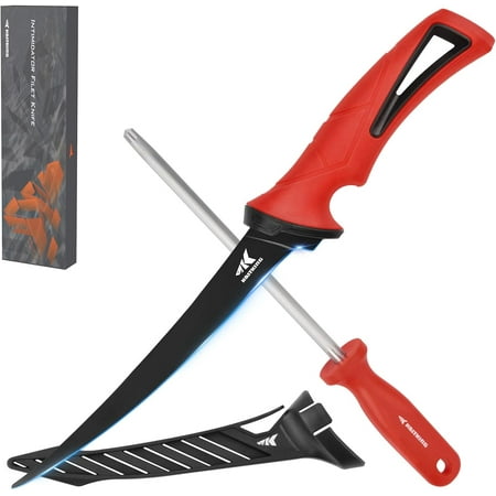 KastKing Intimidator Fillet Knife with Sharpening Steel Ultra-Sharp G4116 German Stainless-Steel Blades Non-Slip Handle Protective Sheath 7 Fillet Knife and Honing Rod