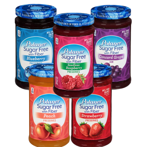 Polaner Sugar-Free Jam Variety Pack with Fiber - 5 Delicious Flavors(Seedless Raspberry, Blueberry, Strawberry, Concord Grape, and Peach) 13-13.5 oz Jars