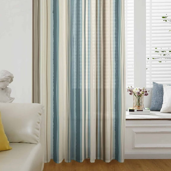 Turquoise Beige Semi Sheer Curtains Drapes for Living Room, Bedroom, French Doors Window 63 Inches Long, Boho Vertical Stripes Bohemian Retro Rod Pocket Chiffon Curtain Drapery Voile Draperies Panel