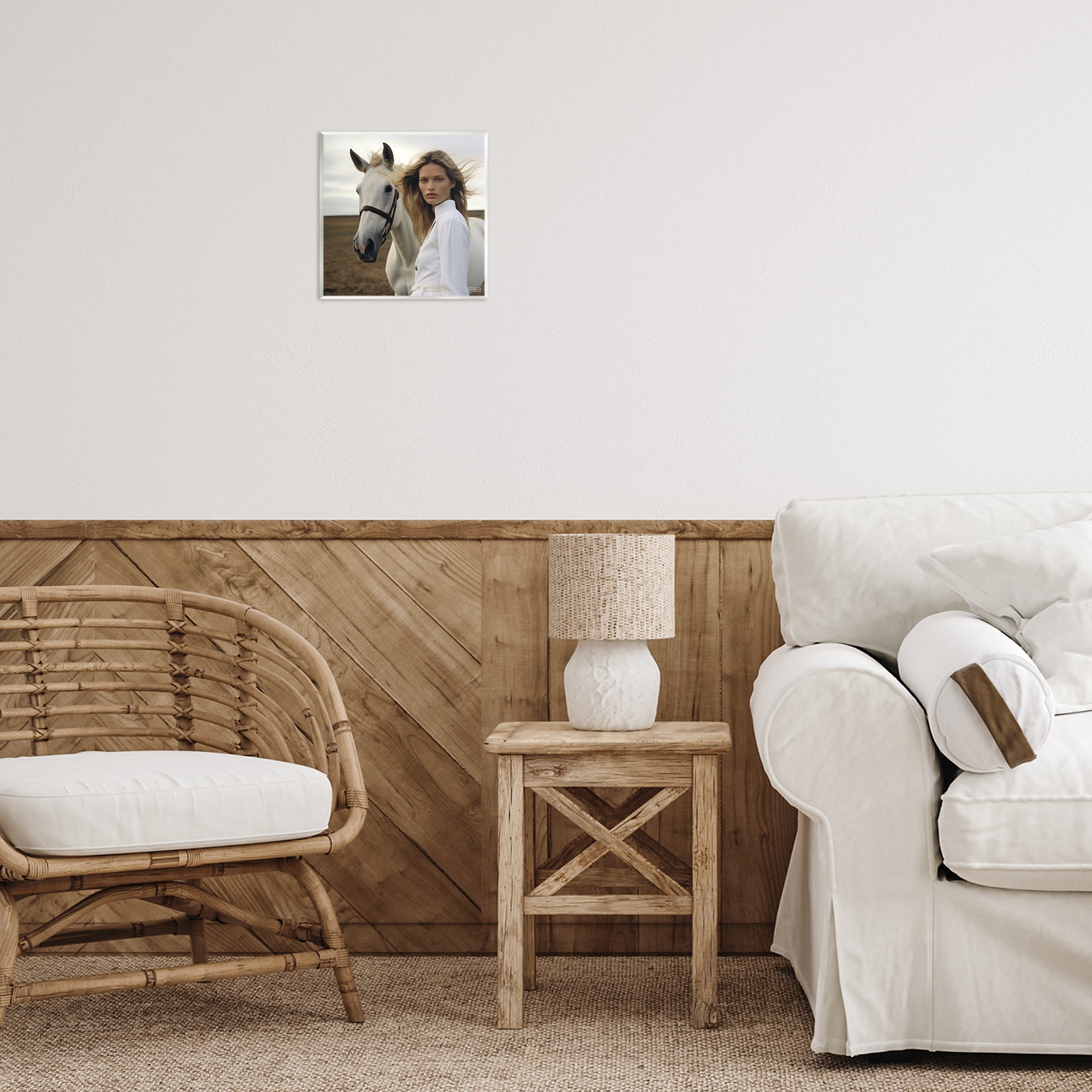 Stupell Industries Girl in White with Horse People Painting Unframed Art Print Wall Art, 12 x 12