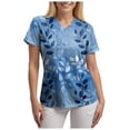 thumbnail image 4 of COMVALUE Print Scrub Tops Women Floral Scrubs V Neck Short Sleeve Stretch Nurse Uniform with Pockets Functional Workwear (Blue, L), 4 of 5