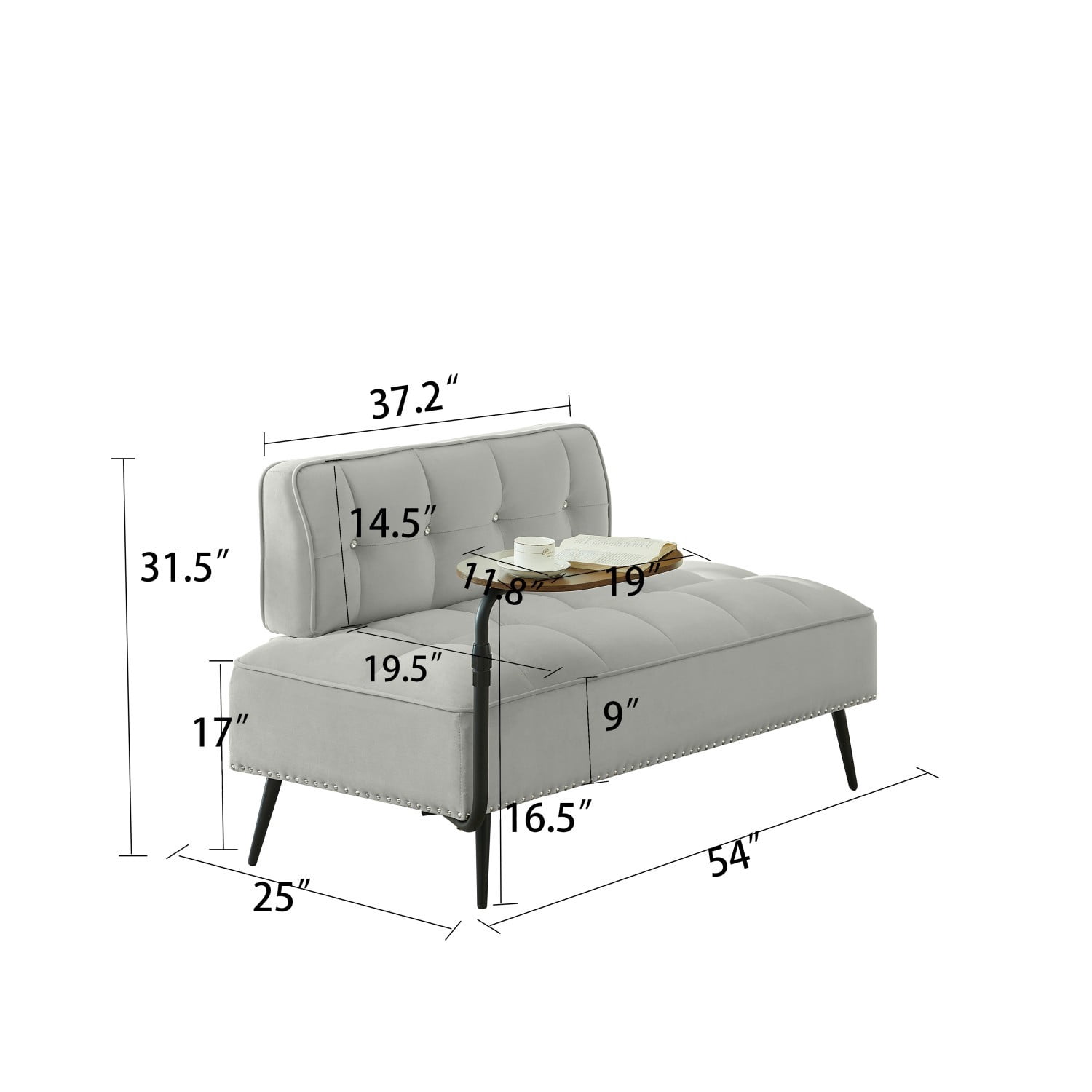 54-Inch Modern 2 Seater Velvet Sofa with 360 Rotating Side Table, Upholstered Couch with Nailhead Trim for Living Room Bedroom Apartment, Gray