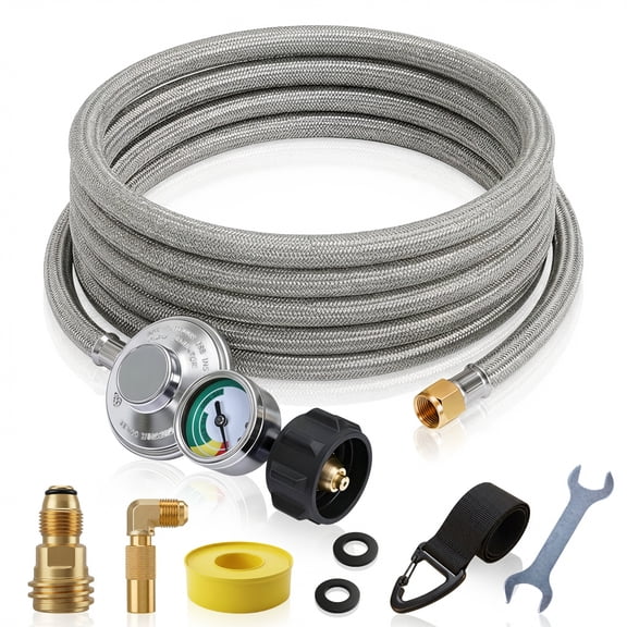 12FT Propane Regulator Hose with Gauge Stainless Braided, QCC1 Propane Adapter Hose Regulator for 20lb Tank with Elbow Adaptor Fit for LP Gas Grill, Camping Stove, Heater, Fire Pit