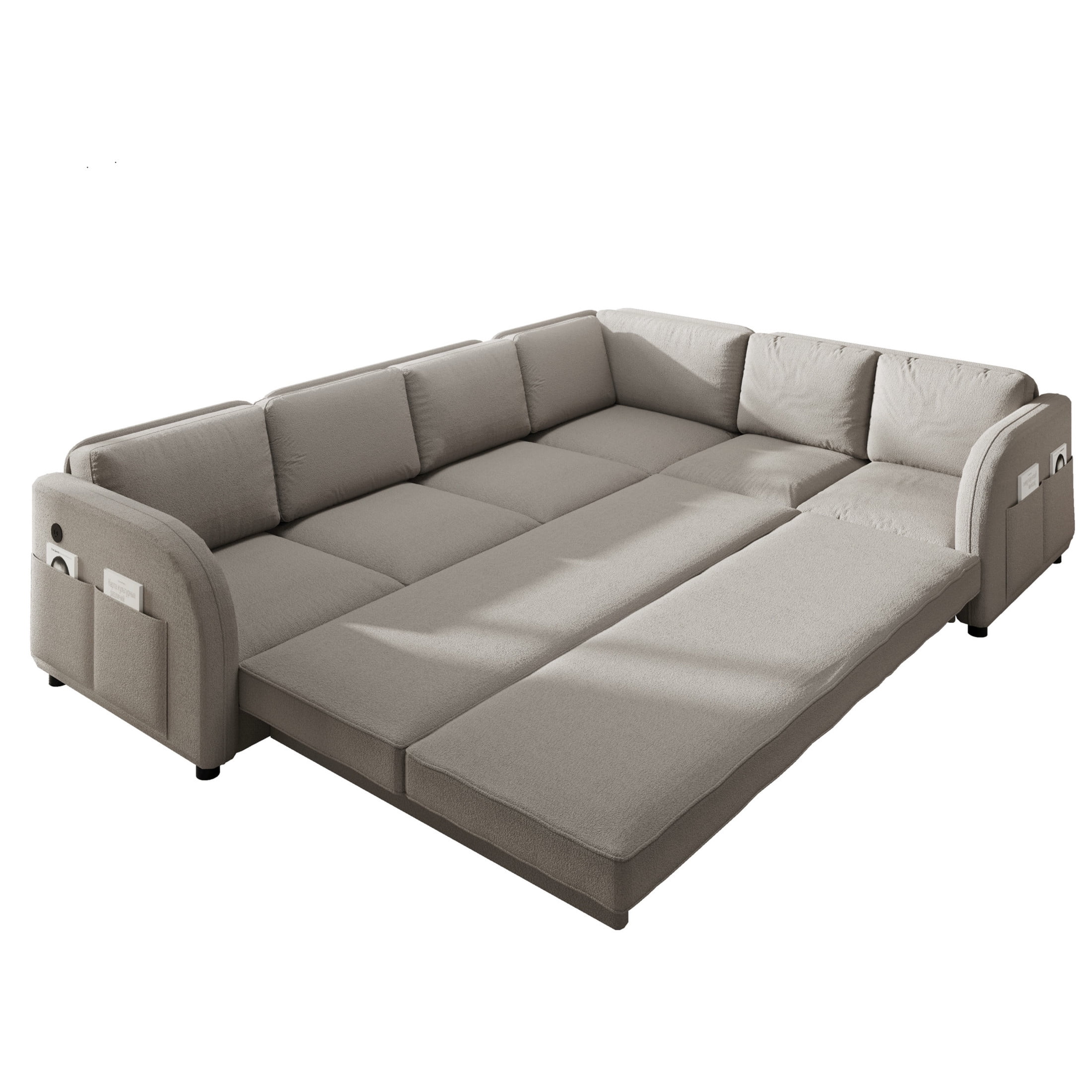 Noble House Bryan 115.2" L-Shaped Sherpa Fleece Convertible Sleeper Sectional with Charging Ports, Light Grey