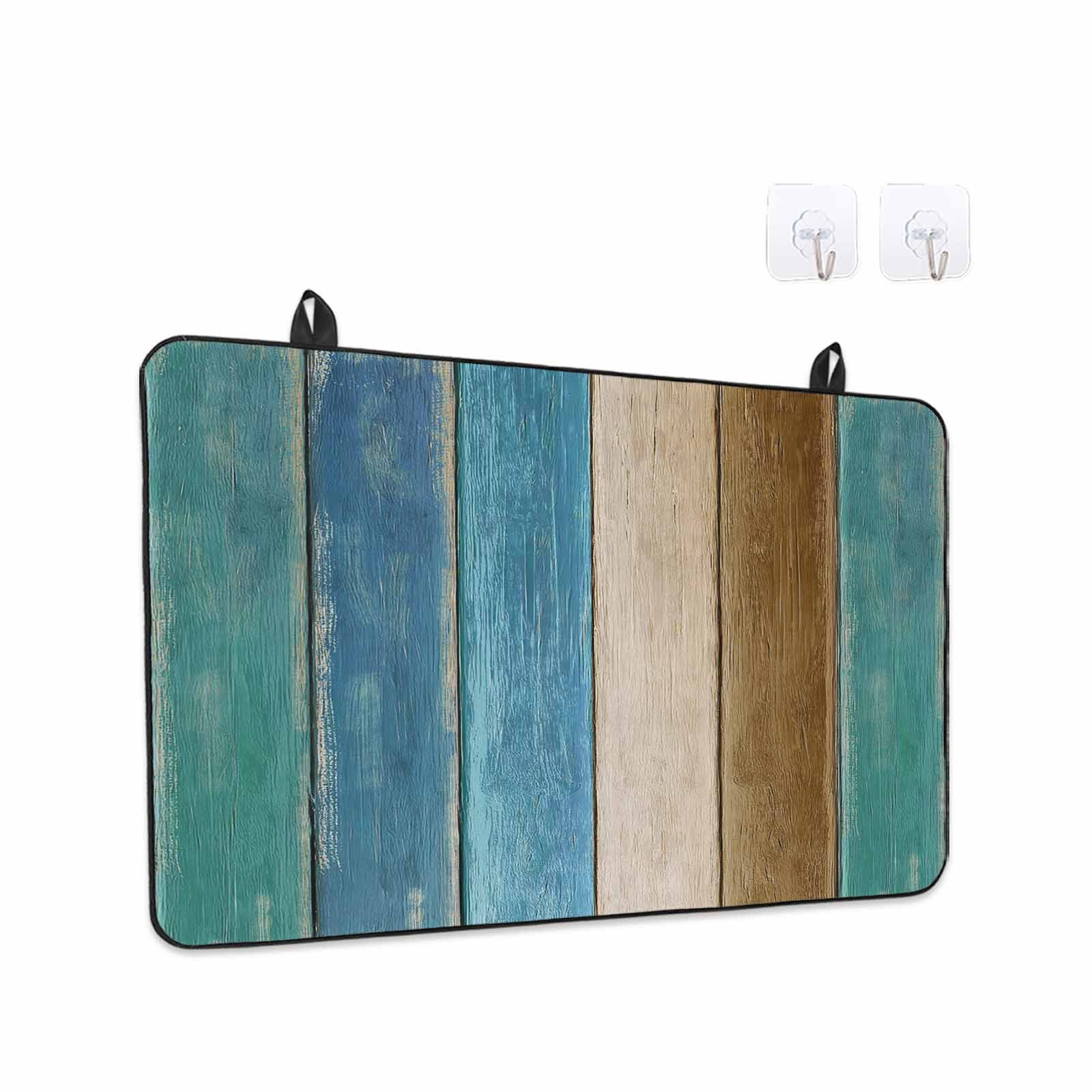 Teal Brown Blue Wooden Stove Top Cover for Electric Stove, Heat-proof & Non Slip Glass Top Stove Cover Protector, Farmhouse Vertical Striped Art Kitchen Flat Cooktop Rubber Mat 24x21 Inches