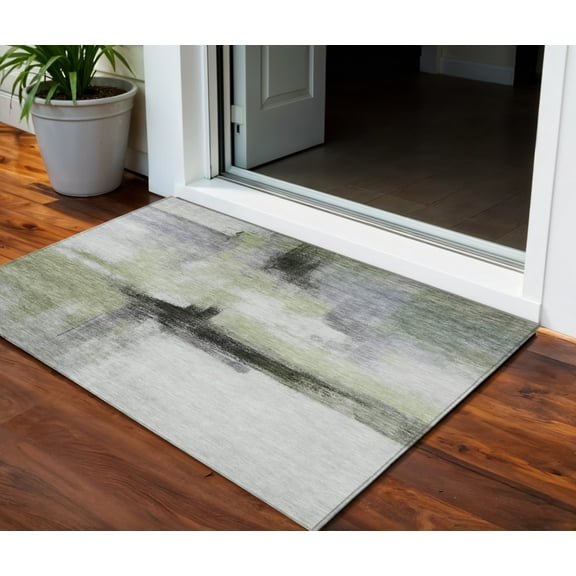 HomeRoots 603653 3 x 5 ft. Sage, Black & Gray Abstract Washable Indoor & Outdoor Rectangle Area Rug
