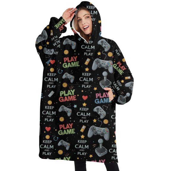 Oversized Wearable Blanket Hoodie,Multicolor Controllers Games Icons Black Pattern Sherpa Blanket Hoodie with Super Pockets,Super Warm Fuzzy Pullover for Women & Men