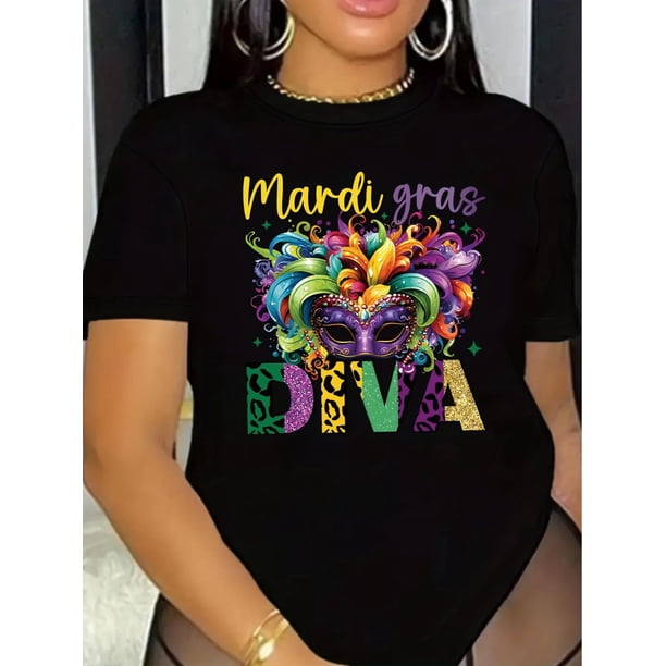 Women's Mardi Gras & Carnival Mask Print T-Shirt - Casual Crew Neck, Short-Sleeved, All-Season Polyester Top, Ladies T Shirts, Four Seasons, Round Neck