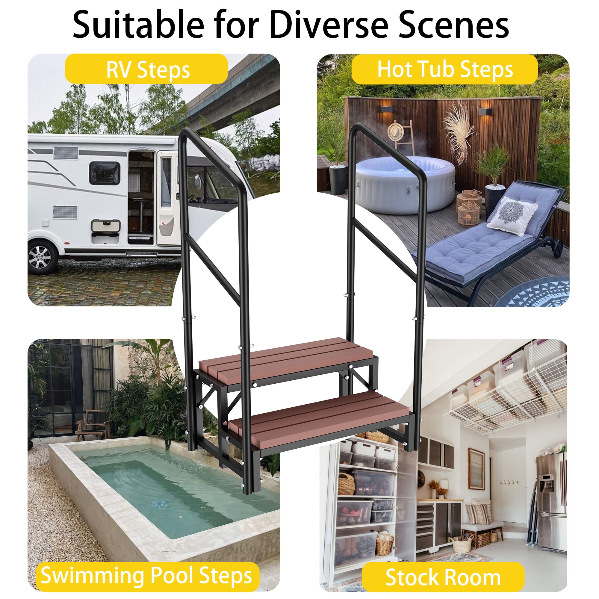 2 Step Hot Tub Steps with Dual Handrails, 400 lbs Heavy Duty Spa Steps, Non-Slip Outdoor Pool & RV Stairs
