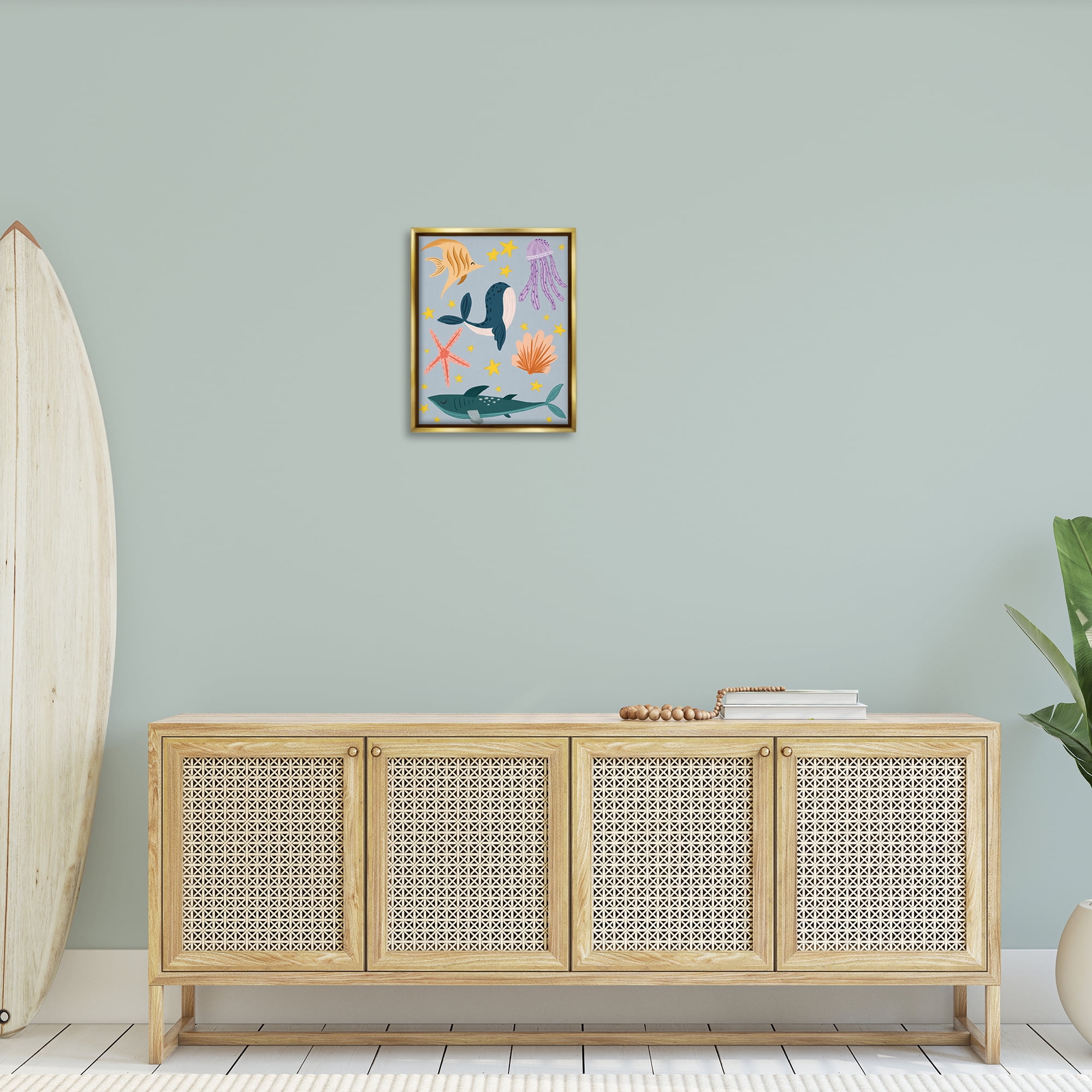 Stupell Industries Whimsical Marine Creatures Animals Painting Gold Floater Framed Canvas Art Print Wall Art, 17 x 21