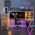 thumbnail image 3 of Twin Size Metal Loft Bed with Built-in Work Station, Wardrobe, Storage Staircase and LED, White, 3 of 21