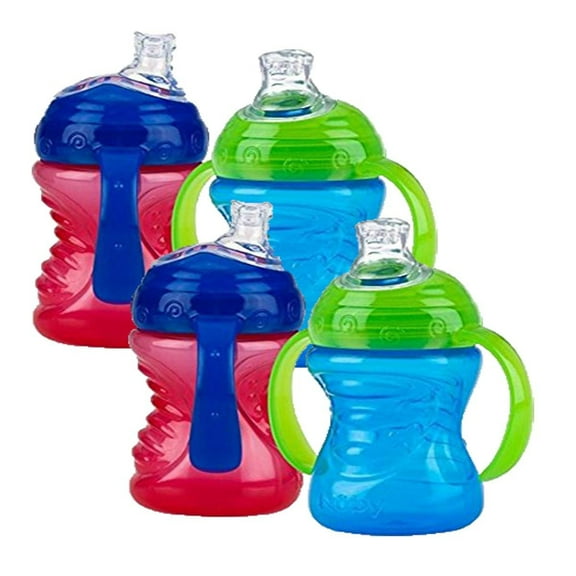 Nuby Two-Handle No-Spill Super Spout Grip N' Sip Cups, 8 Ounce 4 Count, Blue/Red