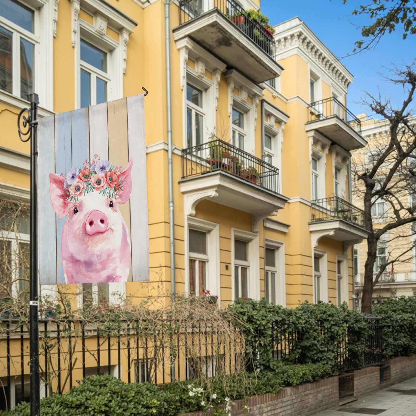 Cute Pink Pig House Flag 28 x 40 Inches, Red Purple Flower Wooden Stripes Farms Animal Weather Proof Outdoor Patio Flags Double Sided Small House Decoration for Yard Lawn Outside Home