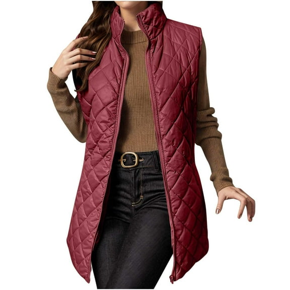Stichou Puffer Vest Women Long Trendy Plain Fall Winter Sleeveless Quilted Jacket Zip Up Lightweight Warm Padded Gilet Coat Outerwear Red XL