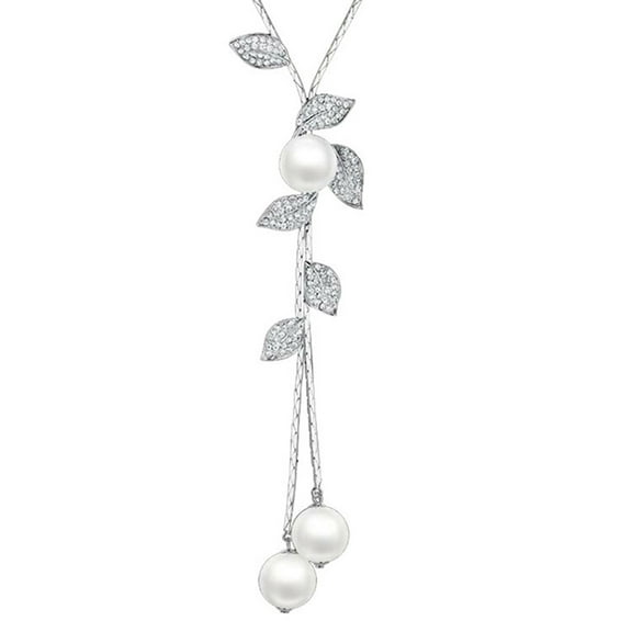 Yesbay Ladies Faux Pearl Tassel Leaves Pendant Long Chain Sweater Necklace-Silver