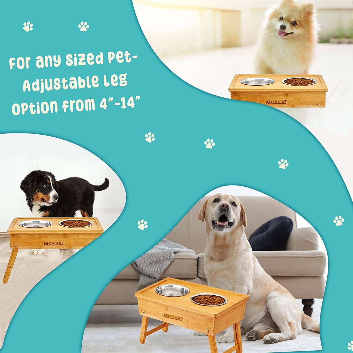 Morvat Bamboo Adjustable Height Double Dog & Cat Pet Feeder & 4 Metal Dish Bowls