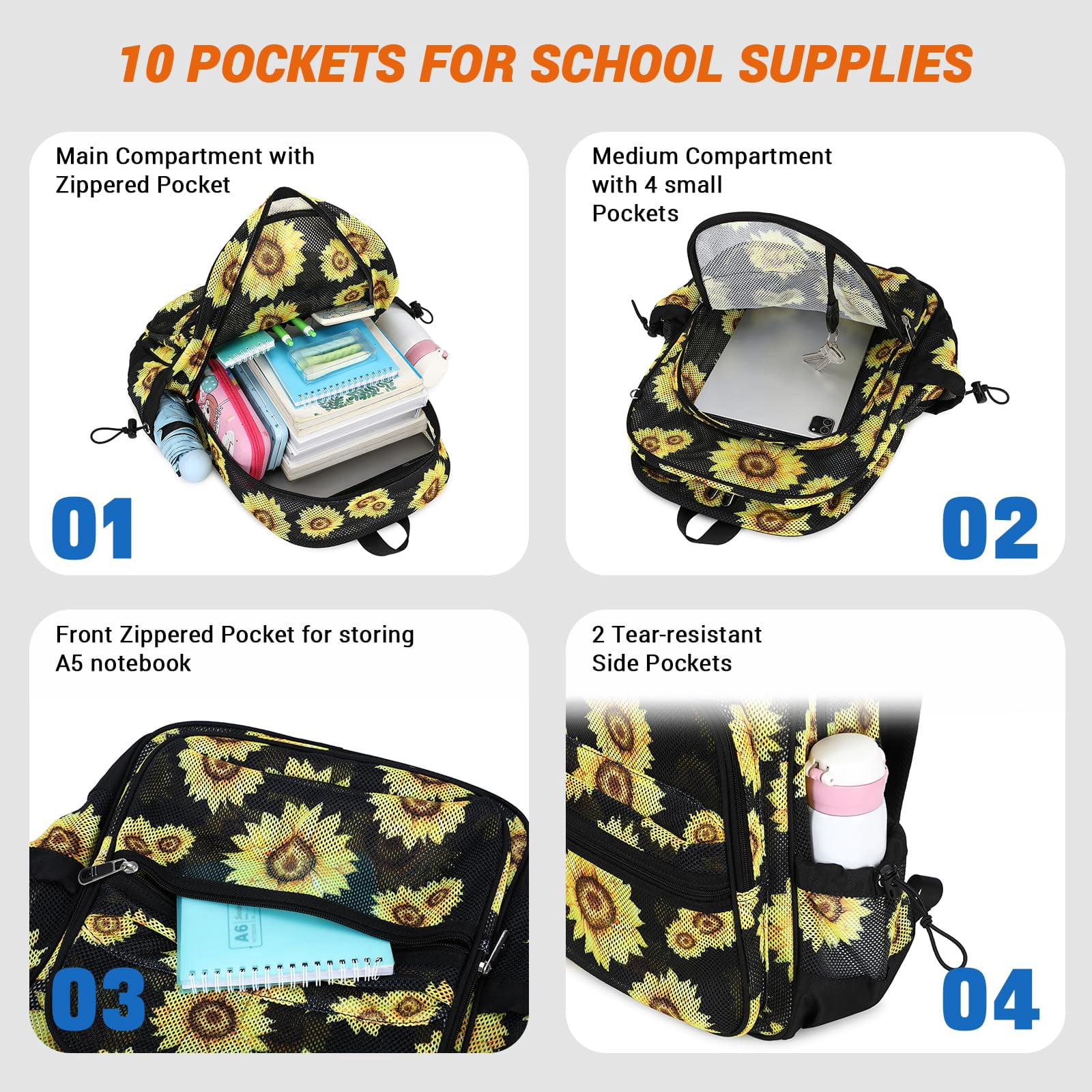 Soda Candy Mesh Backpack Heavy Duty See Through School Backpacks Transparent Bookbag Semi-Transparent Net Book Bags for Swimming, Beach, Sports, Work, Travel, Black Sunflower