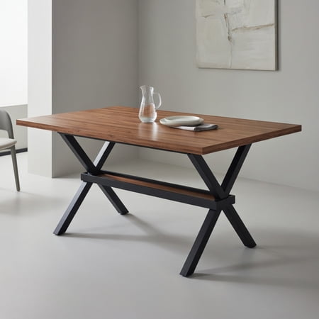 Hommoo 71-inch MDF Dining Table with X-Frame Modern Industrial Style Extendable Table for 6-8 People Includes Hidden Storage Shelf Walnut & Black