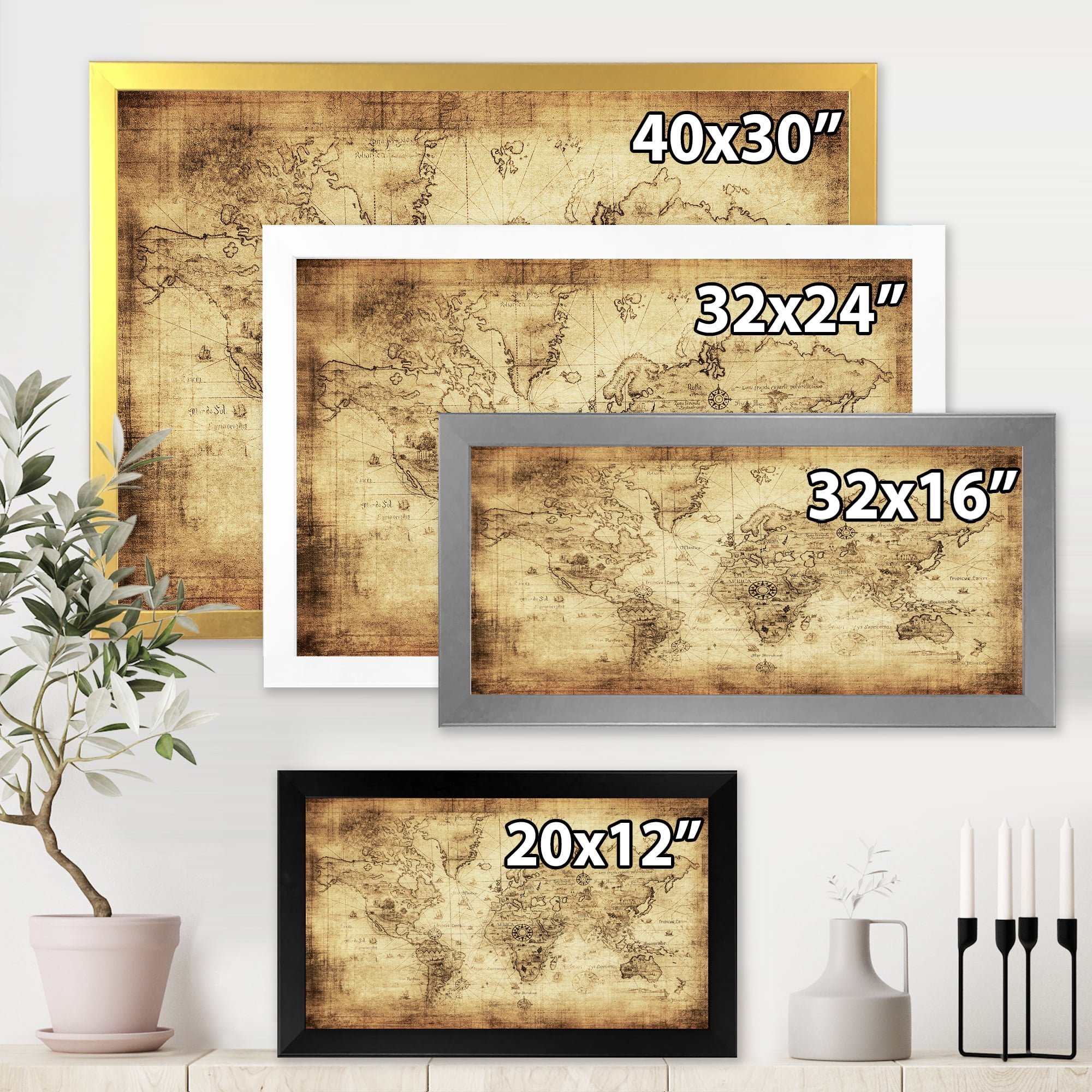 Designart 'Ancient World Map IV' Vintage Framed Art Print