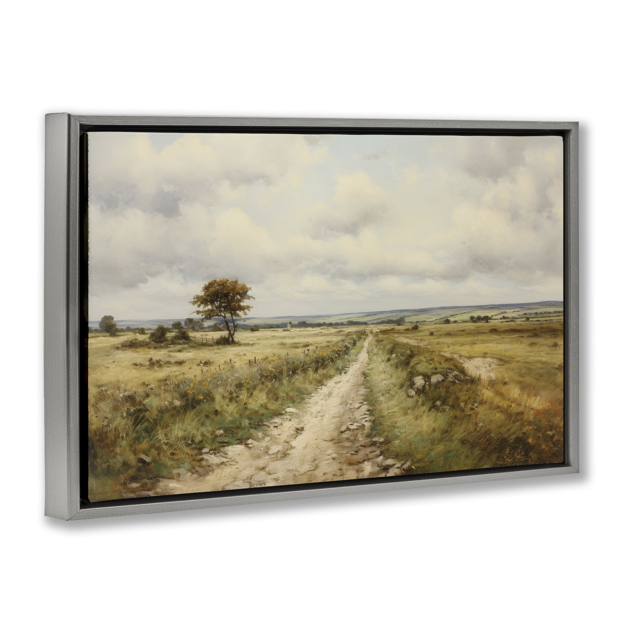 Stupell Industries Rural Farm Road Landscape & Nature Painting Gray Floater Framed Canvas Art Print Wall Art, 31 x 21