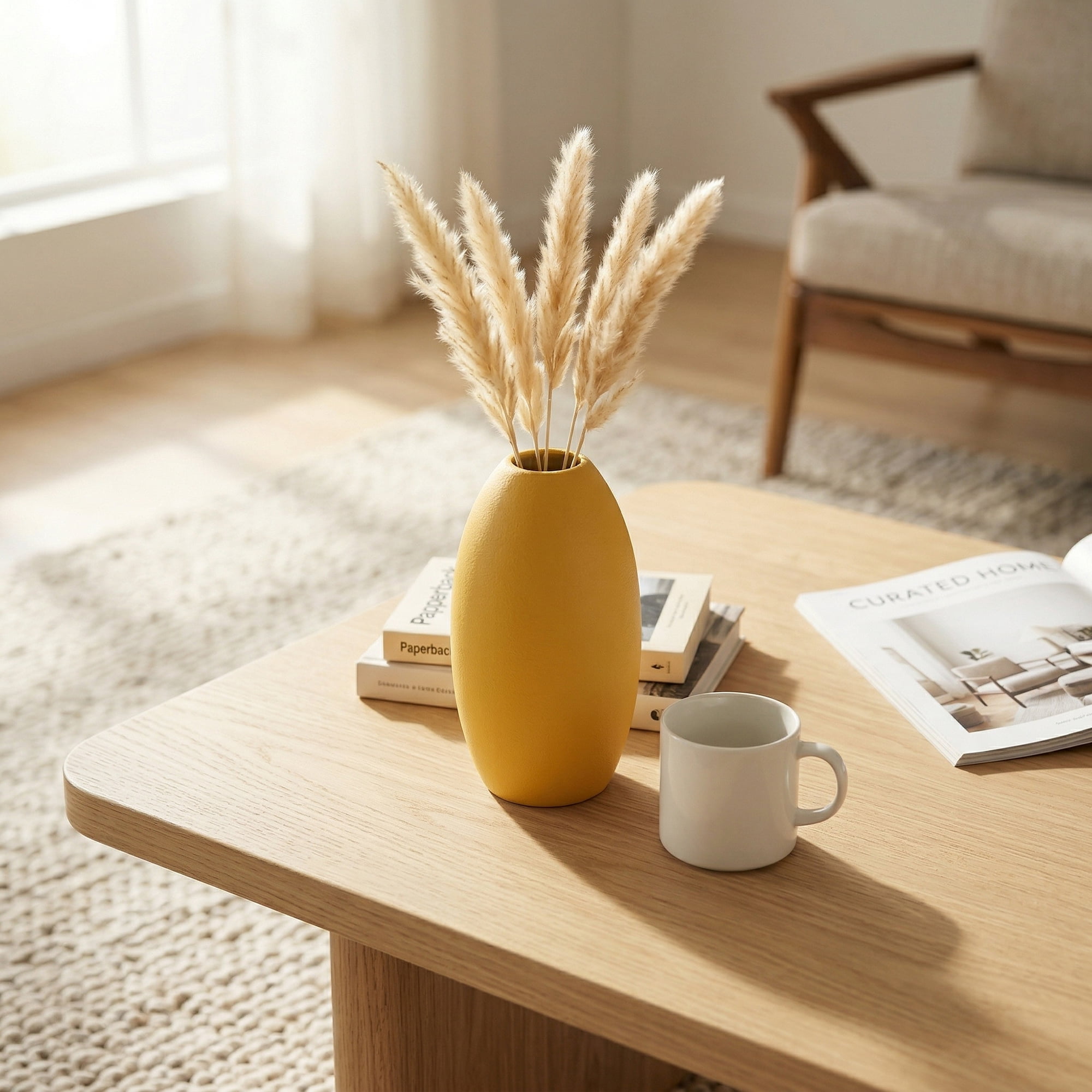 Unique Bargains Modern Ceramic Ribbed Flower Vase for Boho Yellow 3.5"L x 3.5"W x 6.1"H