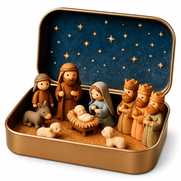 3.5-Inch Pocket Miniature Christmas Nativity Set in Metal Tin Box Small Resin Holy Family Figurines with Starry Background for Tabletop Display