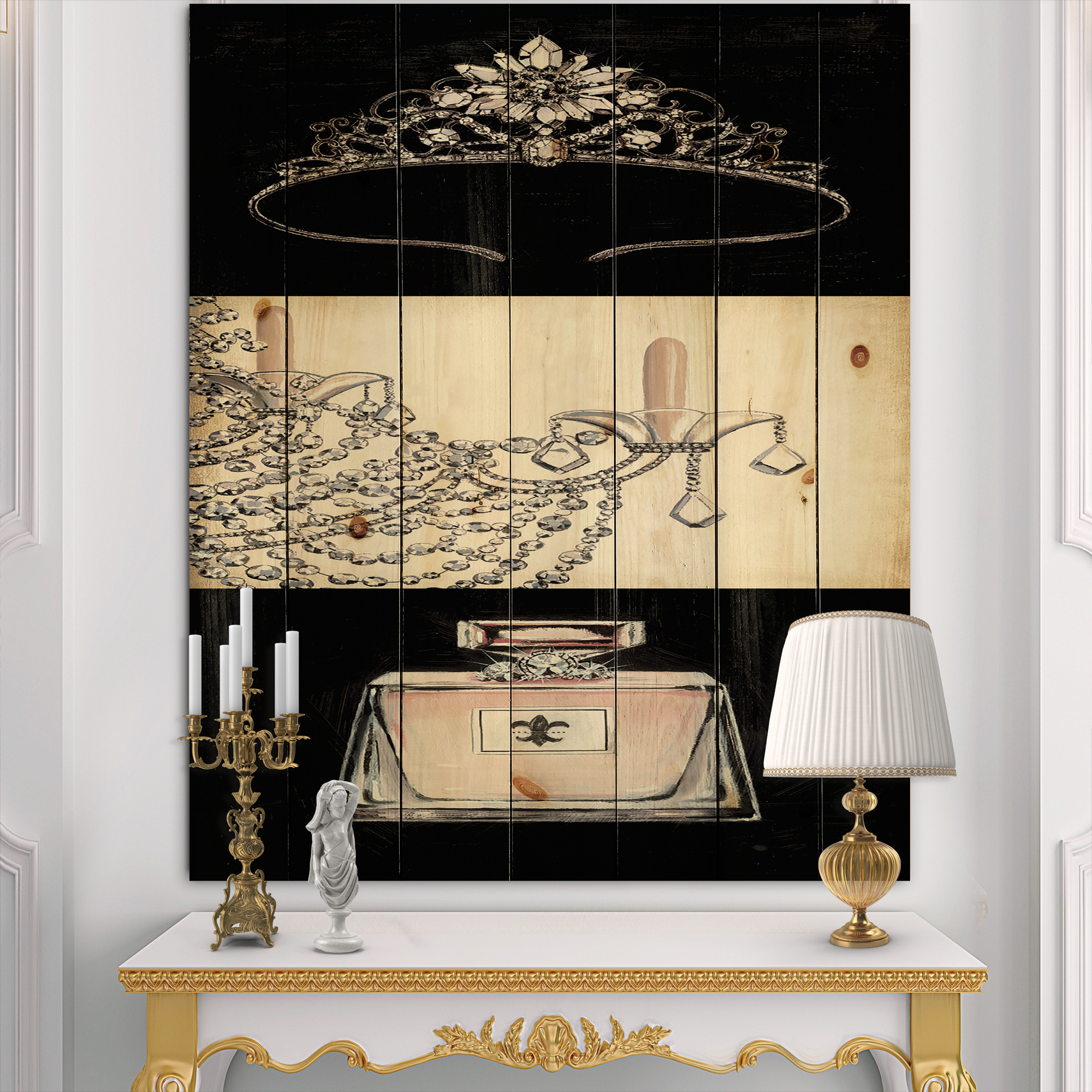 Designart 'Chandelier, Parfum and Glamorous Tiara' Fashion Print on Natural Pine Wood