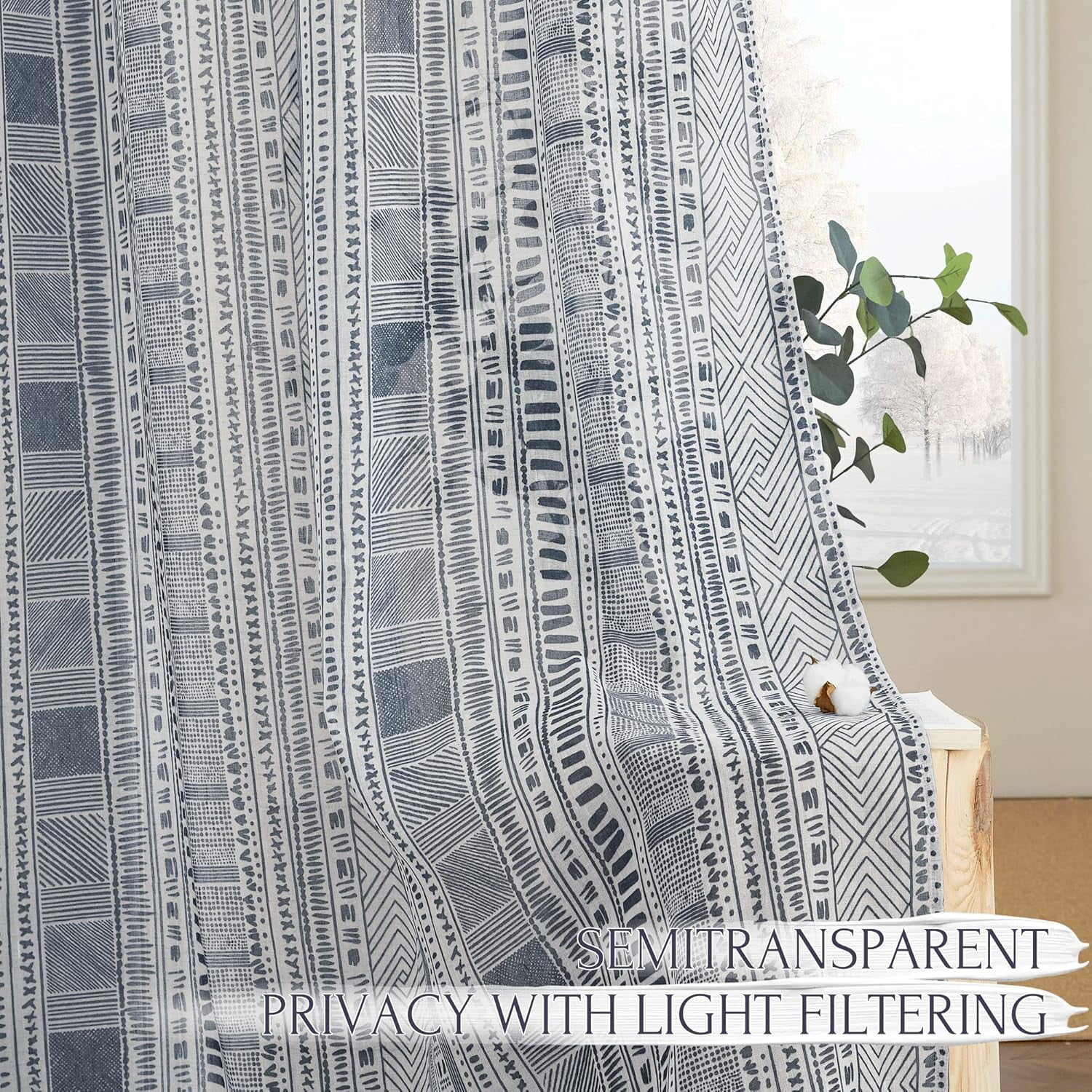 NICETOWN Boho Curtains 84 Inch length 2 panels set, Semi Sheer Linen Curtains Light Filtering Wrinkle Free Country Rustic Farmhouse Grommet Drapes for Bedroom Living Room, Navy Blue, 1 Pair