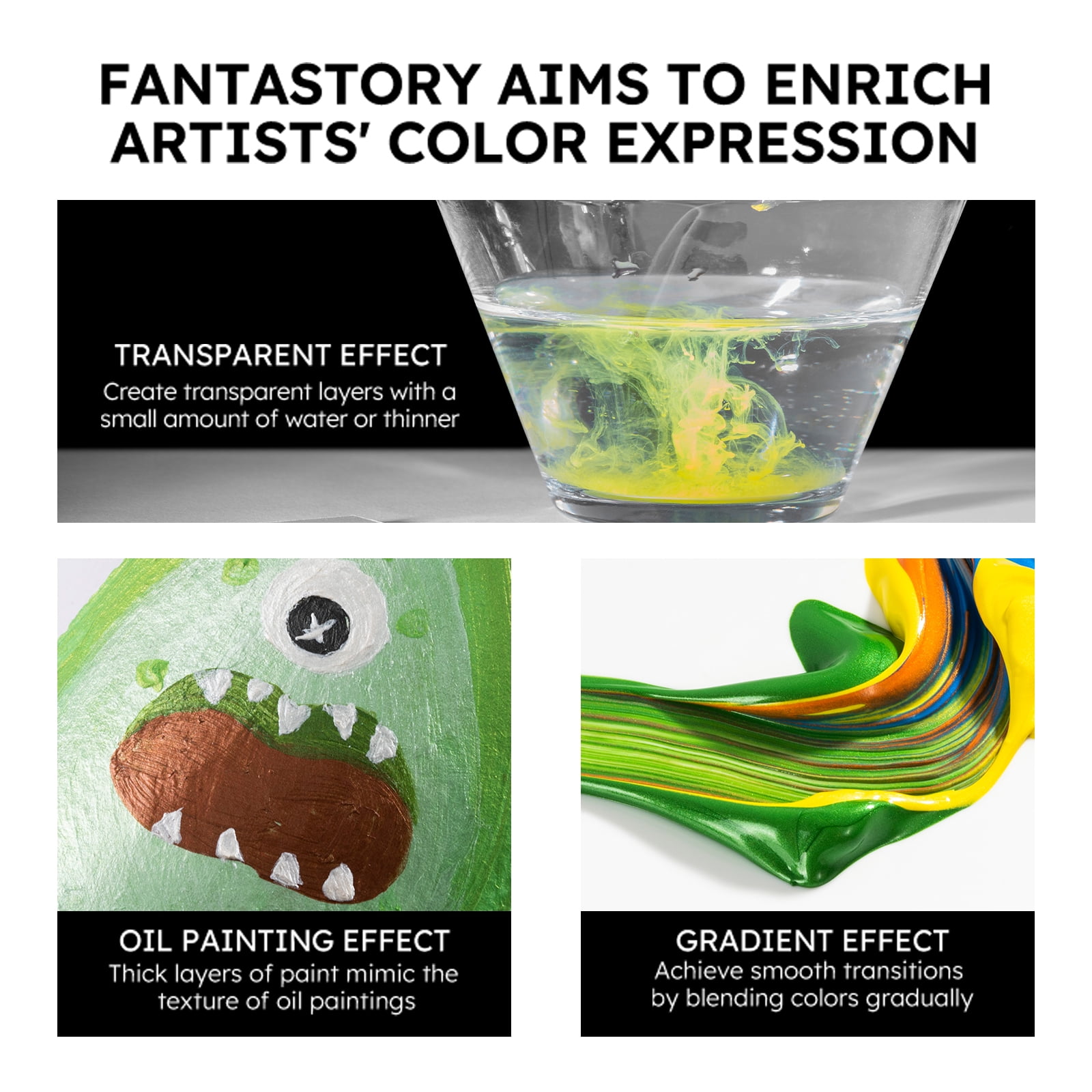 Fantastory Metallic Iridescent Acrylic Paint Set with 12 Brushes, 12 x 2oz Craft Paint Kit
