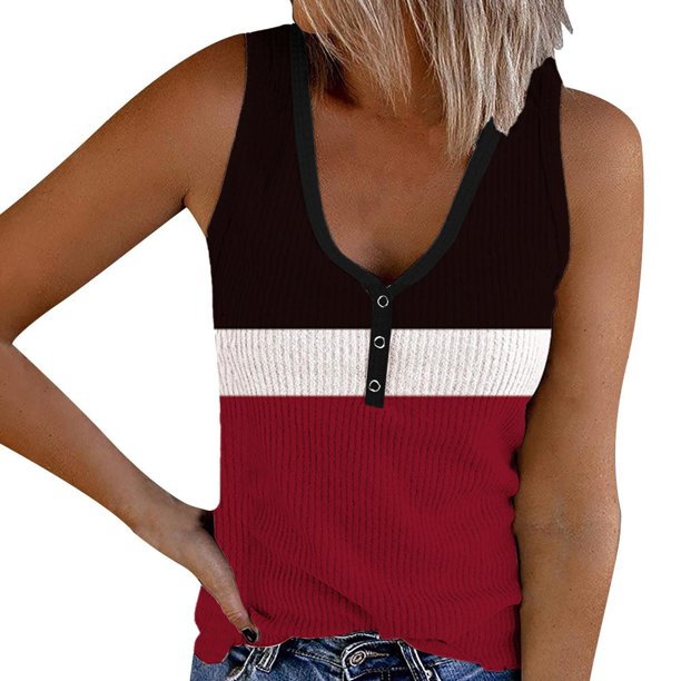Mujeres Negro Tank Top Camisetas sin mangas para mujer, camisetas de punto sin mangas con cuello en V informales de verano, chaleco de con estampado degradado (Red, L)