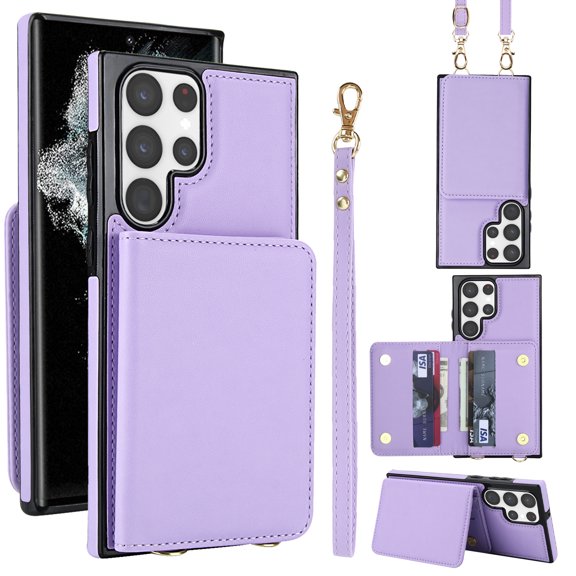 For Samsung Galaxy S22 Ultra Phone Case Wallet Card Holder,RFID Blocking PU Leather Back Magnetic Flip Kickstand Folio Case Wrist Lanyard & Crossbody Strap Protective Women Girls Cover,Violet