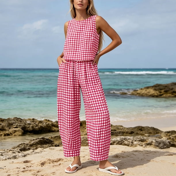 Neewe 2 Piece Plaid Print Sets for Women Outfits Sleeveless Round Neck Tank Tops Matching Sets for Women Elastic Waist Wide Leg