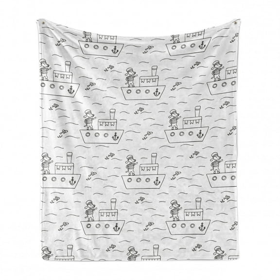 Cartoon Soft Flannel Fleece Blanket, Puppy Captain on a Ship Cruising in Sea Humor Dogs Childish Outline Design, Cozy Plush for Indoor and Outdoor Use, 50" x 60", Charcoal Grey White, by Ambesonne